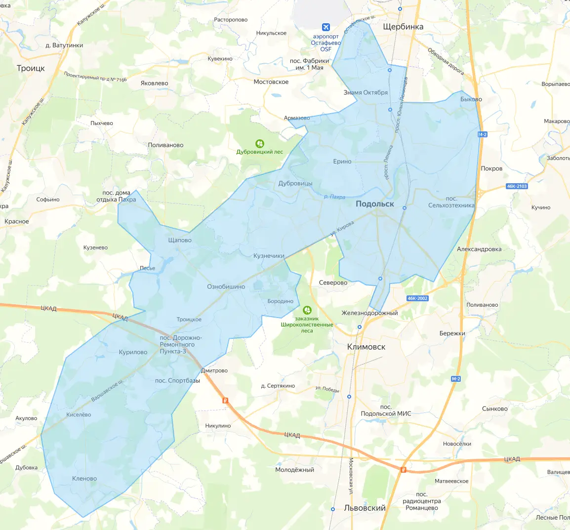 Карта зоны охвата MK-net: Подольск, Новая Москва, Щапово, Щербинка